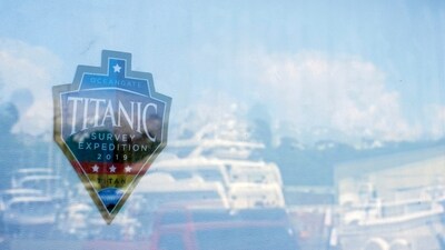 A 2019 Titanic survey expedition sticker is seen on the garage door at the OceanGate offices Thursday, June 22, 2023, in Everett, Wash. (AP)