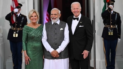 US President Joe Biden and First Lady Jill Biden greet India's Prime Minister Narendra Modi on arrival for a State Dinner at the North Portico of the White House in Washington DC. (AFP) US President Joe Biden and First Lady Jill Biden greet India's Prime Minister Narendra Modi on arrival for a State Dinner at the North Portico of the White House in Washington DC. (AFP)