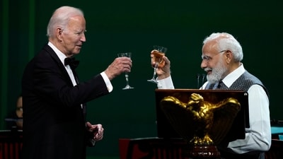 India's Prime Minister Narendra Modi offers a toast during a State Dinner with President Joe Biden. (AP) India's Prime Minister Narendra Modi offers a toast during a State Dinner with President Joe Biden. (AP)