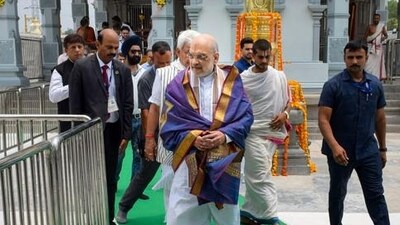 Union home minister Amit Shah at Tirupati Balaji Temple in Jammu on Friday. (PTI) Union home minister Amit Shah at Tirupati Balaji Temple in Jammu on Friday. (PTI)