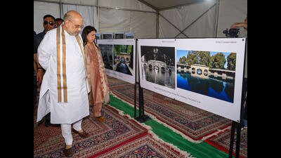 Union home minister Amit Shah with minister of state for culture Meenakshi Lekhi at the Vitasta Cultural Festival in Srinagar on Friday. (PTI) Union home minister Amit Shah with minister of state for culture Meenakshi Lekhi at the Vitasta Cultural Festival in Srinagar on Friday. (PTI)