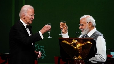 U.S. President Joe Biden and Prime Minister Narendra Modi raise a toast during an official state dinner at the White House in Washington, U.S., June 22, 2023. (Reuters)