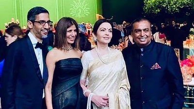 Reliance Industries Chairman Mukesh Ambani and Reliance Foundation Chairperson Nita Ambani with Alphabet CEO Sunder Pichai with his wife Anjali Pichai during the State Dinner hosted by the US President Joe Biden and First Lady Jill Biden in honour of Prime Minister Narendra Modi, at the White House in Washington. (PTI) Reliance Industries Chairman Mukesh Ambani and Reliance Foundation Chairperson Nita Ambani with Alphabet CEO Sunder Pichai with his wife Anjali Pichai during the State Dinner hosted by the US President Joe Biden and First Lady Jill Biden in honour of Prime Minister Narendra Modi, at the White House in Washington. (PTI)