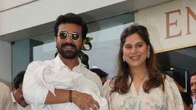Ram Charan, Upasana Konidela outside a Hyderabad hospital on Friday. Ram Charan, Upasana Konidela outside a Hyderabad hospital on Friday.