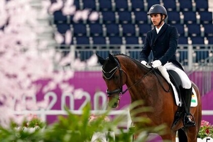 India's Fouaad Mirza, riding Seigneur, competes during the equestrian eventing dressage at Equestrian Park at the 2020 Summer Olympics. (AP)
