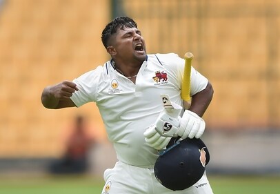 Sarfaraz Khan celebrates after scoring his century during a Ranji Trophy encounter (PTI)