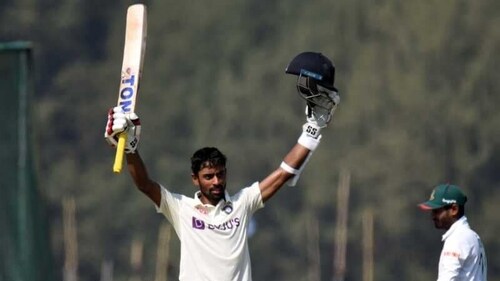 Abhimanyu Easwaran raises his hands after slamming a ton for India A in the tour of Bangladesh (BCCI)