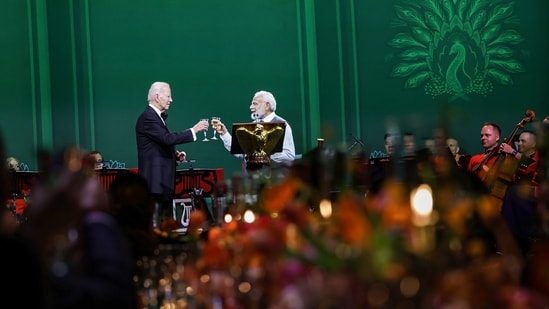PM Modi said, "There is one more thing left to do tonight- please join me in raising a toast. A toast to our wonderful hosts, President Biden and Jill Biden."&nbsp;(PTI)