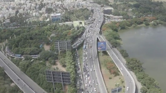 Drone cameras monitor traffic congestions in Bengaluru. (Screengrab from a video) (Twitter)
