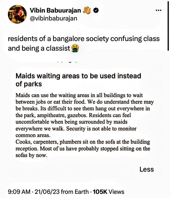 A grab of the tweet by Vibin Babuurajan, a resident of Bengaluru’s Salarpuria Sattva Greenage society. A grab of the tweet by Vibin Babuurajan, a resident of Bengaluru’s Salarpuria Sattva Greenage society.
