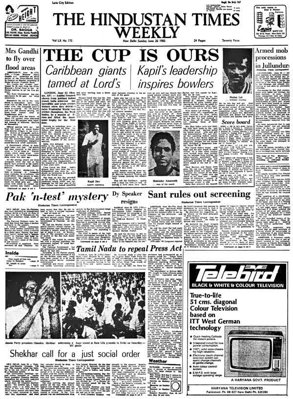 A page from the Hindustan Times coverage of the win. A page from the Hindustan Times coverage of the win.