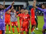 Indian team captain Sunil Chhetri celebrates with teammates after winning a football match against Nepal during 2023 SAFF Championship Indian team captain Sunil Chhetri celebrates with teammates after winning a football match against Nepal during 2023 SAFF Championship