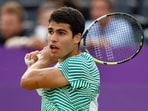 Spain's Carlos Alcaraz  in action during his quarter final match against Bulgaria's Grigor Dimitrov 
