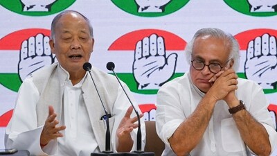 Congress senior leader Jairam Ramesh and former Manipur Chief Minister Okram Ibobi Singh addresses a press conference, at AICC headquarters, in New Delhi on Saturday. (ANI Photo)