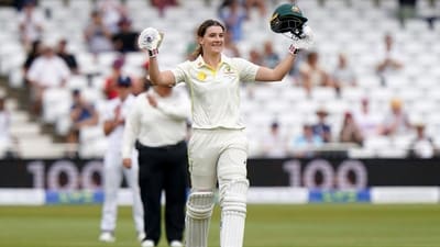 Australia's Annabel Sutherland celebrates her century during day two of the first Women's Ashes Test (AP) Australia's Annabel Sutherland celebrates her century during day two of the first Women's Ashes Test (AP)