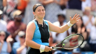 Latvia's Jelena Ostapenko celebrates winning against Russia's Anastasia Potapova, in their women's semi final match (AP) Latvia's Jelena Ostapenko celebrates winning against Russia's Anastasia Potapova, in their women's semi final match (AP)