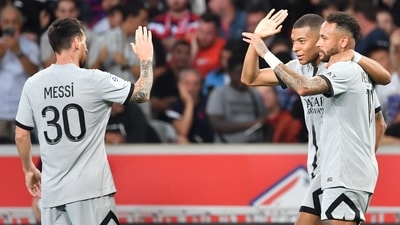 Kylian Mbappe celebrates with Neymar and Lionel Messi after scoring during a Ligue 1 match. (AFP) Kylian Mbappe celebrates with Neymar and Lionel Messi after scoring during a Ligue 1 match. (AFP)