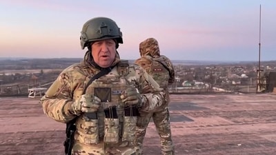 Yevgeny Prigozhin, the chief of the Russian paramilitary group Wagner speaking to the camera from a rooftop at an undisclosed location. (AFP) Yevgeny Prigozhin, the chief of the Russian paramilitary group Wagner speaking to the camera from a rooftop at an undisclosed location. (AFP)