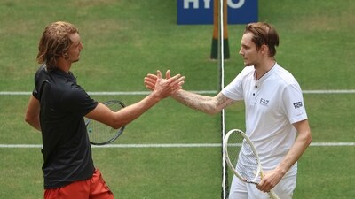 Kazakhstan's Alexander Bublik, right, shakes hands with Germany's Alexander Zverev after winning their semifinal match at the German Tennis Open (AP) Kazakhstan's Alexander Bublik, right, shakes hands with Germany's Alexander Zverev after winning their semifinal match at the German Tennis Open (AP)