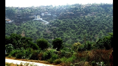Hanumandhara Hill, located in Chitrakoot area, seen from a distance. (HT Photo)