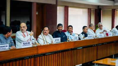 Union Home Minister Amit Shah with Union Minister Pralhad Joshi, BJP National President J.P. Nadda, Union Minister & RLJP chief Pashupati Kumar Paras, Meghalaya CM Conrad Sangma and others during an all-party meeting on violence in Manipur, in New Delhi, Saturday. (PTI) Union Home Minister Amit Shah with Union Minister Pralhad Joshi, BJP National President J.P. Nadda, Union Minister & RLJP chief Pashupati Kumar Paras, Meghalaya CM Conrad Sangma and others during an all-party meeting on violence in Manipur, in New Delhi, Saturday. (PTI)