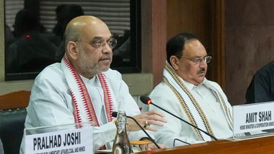 Union Home Minister Amit Shah with BJP National President J.P. Nadda during an all-party meeting on violence in Manipur, in New Delhi, Saturday, June 24, 2023. (PTI Photo)