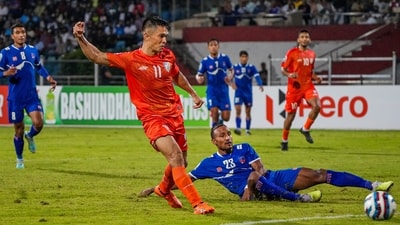 India captain Sunil Chhetri kicks the ball for a goal against Nepal during a 2023 SAFF Championship at Sree Kanteerava Stadium in Bengaluru (PTI) India captain Sunil Chhetri kicks the ball for a goal against Nepal during a 2023 SAFF Championship at Sree Kanteerava Stadium in Bengaluru (PTI)