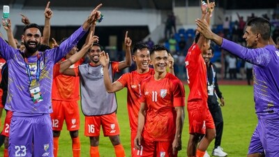 Indian team captain Sunil Chhetri celebrates with teammates after winning a football match against Nepal during 2023 SAFF Championship (PTI) Indian team captain Sunil Chhetri celebrates with teammates after winning a football match against Nepal during 2023 SAFF Championship (PTI)