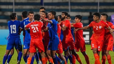 Players of the Indian and Nepalese football team get into a fight during a 2023 SAFF Championship match (PTI) Players of the Indian and Nepalese football team get into a fight during a 2023 SAFF Championship match (PTI)