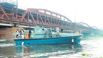 The Navy work boat, Barasingha, was brought by road from Kochi on June 3, and moored at Signature Bridge jetty. (HT photo) The Navy work boat, Barasingha, was brought by road from Kochi on June 3, and moored at Signature Bridge jetty. (HT photo)