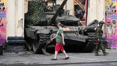 Fighters of Wagner private mercenary group are deployed near a local circus in the city of Rostov-on-Don, Russia. (REUTERS)
