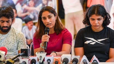 Wrestlers Bajrang Punia, Vinesh Phogat, and Sakshi Malik during their protest at Jantar Mantar (File) ((Photo by Raj K Raj/ Hindustan Times)) Wrestlers Bajrang Punia, Vinesh Phogat, and Sakshi Malik during their protest at Jantar Mantar (File) ((Photo by Raj K Raj/ Hindustan Times))
