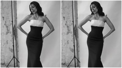 Sobhita played muse to fashion designer Yash Patil and picked up a monochrome gown from the shelves of the designer house. (Instagram/@sobhitad) Sobhita played muse to fashion designer Yash Patil and picked up a monochrome gown from the shelves of the designer house. (Instagram/@sobhitad)