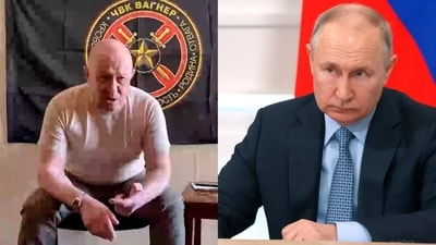 Owner of the Wagner private military contractor Yevgeny Prigozhin and Russian President Vladimir Putin. (AP) Owner of the Wagner private military contractor Yevgeny Prigozhin and Russian President Vladimir Putin. (AP)