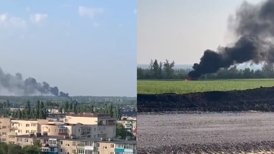 Smoke billows from what appears to be a downed Russian helicopter near Pavlovsk, Voronezh Oblast. (Twitter) Smoke billows from what appears to be a downed Russian helicopter near Pavlovsk, Voronezh Oblast. (Twitter)