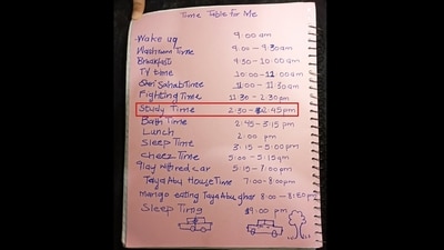 The image shows the timetable created by the kid to manage his time. In it, he allotted three hours to fighting while just 15 minutes of his 24 hours to studying. (Twitter/@Laiiiibaaaa) The image shows the timetable created by the kid to manage his time. In it, he allotted three hours to fighting while just 15 minutes of his 24 hours to studying. (Twitter/@Laiiiibaaaa)