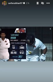Sarfaraz Khan shared a video of his highlights from the last Ranji Trophy season as an Instagram story Sarfaraz Khan shared a video of his highlights from the last Ranji Trophy season as an Instagram story