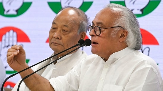 Congress senior leader Jairam Ramesh and former Manipur chief minister Okram Ibobi Singh address a press conference, at AICC headquarters, in New Delhi on Saturday. (ANI)