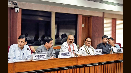 Union home minister Amit Shah at an all-party meeting on the situation in Manipur, in New Delhi on Saturday. (ANI)