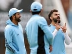India captain Rohit Sharma (L) and Virat Kohli during a practice session ahead of WTC final against Australia