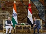 Prime Minister Narendra Modi and Eqyptian President Abdel Fattah El-Sisi during their meeting in Cairo, Egypt. Prime Minister Narendra Modi and Eqyptian President Abdel Fattah El-Sisi during their meeting in Cairo, Egypt.
