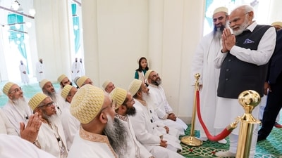 Members of the Bohra community met the Prime Minister during his visit to the Al-Hakim Mosque in Cairo on Sunday. This Indian community played a significant role in restoring the centuries-old mosque. (Twitter/@PMO) Members of the Bohra community met the Prime Minister during his visit to the Al-Hakim Mosque in Cairo on Sunday. This Indian community played a significant role in restoring the centuries-old mosque. (Twitter/@PMO)