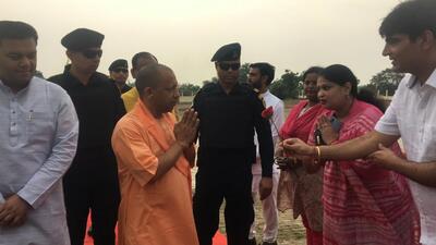 Chief minister Yogi Adityanath meeting party leaders in Vrindavan on Sunday. (HT)