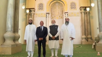 Prime Minister Narendra Modi during his visit to Al-Hakim mosque in Cairo, Egypt, Sunday, June 25, 2023. (PTI) Prime Minister Narendra Modi during his visit to Al-Hakim mosque in Cairo, Egypt, Sunday, June 25, 2023. (PTI)