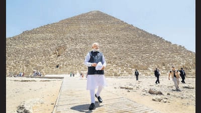 Prime Minister Narendra Modi at the Great Pyramid of Giza on Sunday. (PTI) Prime Minister Narendra Modi at the Great Pyramid of Giza on Sunday. (PTI)