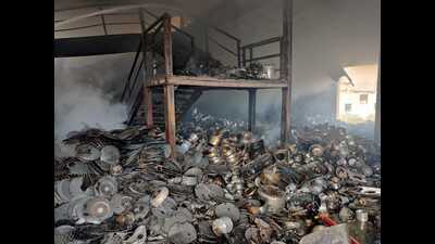 The godowns, which housed a variety of goods, vessels and wooden materials, presented a challenging task for the firefighters. (HT PHOTO) The godowns, which housed a variety of goods, vessels and wooden materials, presented a challenging task for the firefighters. (HT PHOTO)