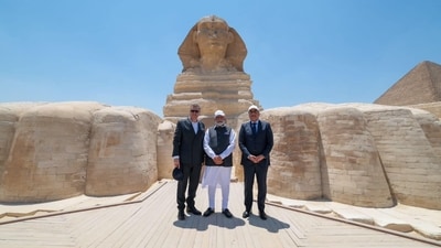<p>PM Modi at Pyramids in Egypt on second day of his State visit, accompanied by his counterpart Mostafa Madbouly. “I thank PM Mostafa Madbouly for accompanying me to the Pyramids. We had a rich discussion on the cultural histories of our nations and how to deepen these linkages in the times to come,” Modi said in his tweet.</p> (Twitter/PMO) <p>PM Modi at Pyramids in Egypt on second day of his State visit, accompanied by his counterpart Mostafa Madbouly. “I thank PM Mostafa Madbouly for accompanying me to the Pyramids. We had a rich discussion on the cultural histories of our nations and how to deepen these linkages in the times to come,” Modi said in his tweet.</p> (Twitter/PMO)