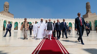 Modi visited a 1,000-year-old mosque in Cairo which was recently restored with the help of India's Bohra community. PM said, "Honored to visit the historic Al-Hakim Mosque in Cairo. It's a profound testament to Egypt's rich heritage and culture." Modi was shown around the mosque whose latest restoration was completed about three months ago. He appreciated the intricate carved inscriptions on the walls and doorways of the mosque which was built in 1012. (Twitter/PMO) Modi visited a 1,000-year-old mosque in Cairo which was recently restored with the help of India's Bohra community. PM said, "Honored to visit the historic Al-Hakim Mosque in Cairo. It's a profound testament to Egypt's rich heritage and culture." Modi was shown around the mosque whose latest restoration was completed about three months ago. He appreciated the intricate carved inscriptions on the walls and doorways of the mosque which was built in 1012. (Twitter/PMO)