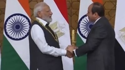 Egyptian President Abdel Fattah al-Sisi conferred the PM with the coveted 'Order of the Nile' award. (Twitter/ANI)
