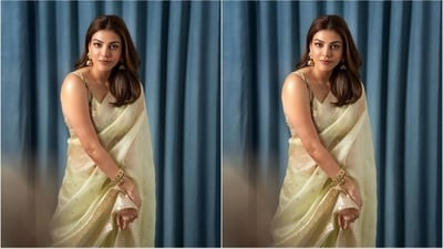For her stunning appearance, Kajal opted for an exquisite cream coloured saree from the shelves of fashion brand XITI weaves, while her styling was by Archa Mehta. (Instagram/@kajalaggarwalofficial)